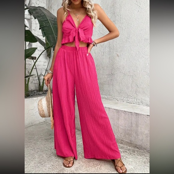 47) 2 piece Pink Women's Jumpsuit NEW size XL pink wide leg women’s boho chic - Picture 3 of 10